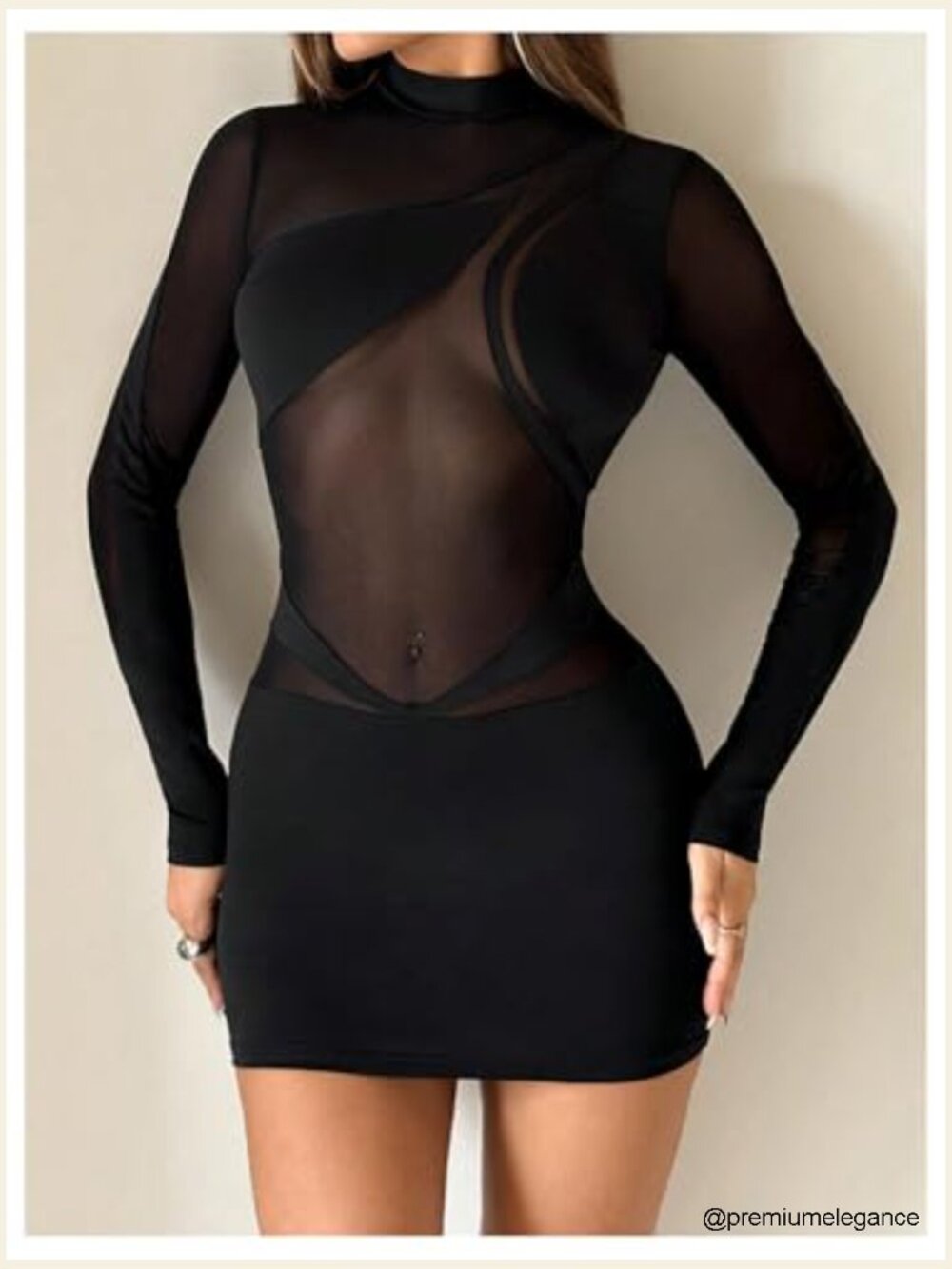 Sheer Mesh Long Sleeve Mock Neck Bodycon Mini Dress Night Out - Picture 4 of 7